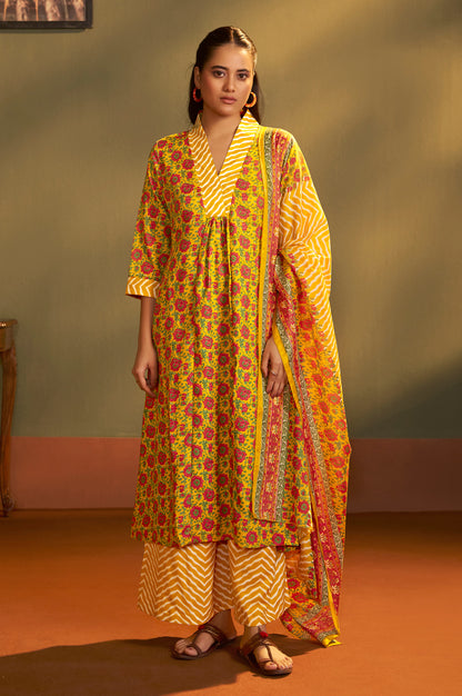 Women’s Yellow Cotton Blend Printed Straight Kurta with Printed Pant & Chanderi Printed Dupatta