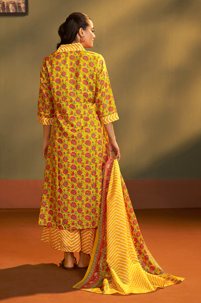Women’s Yellow Cotton Blend Printed Straight Kurta with Printed Pant & Chanderi Printed Dupatta
