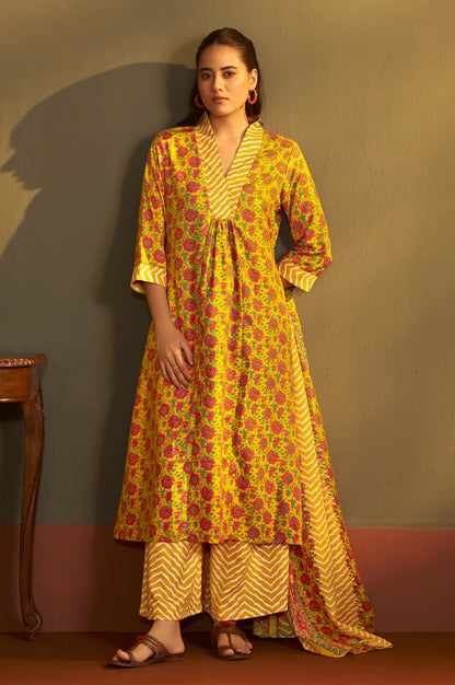 Women’s Yellow Cotton Blend Printed Straight Kurta with Printed Pant & Chanderi Printed Dupatta