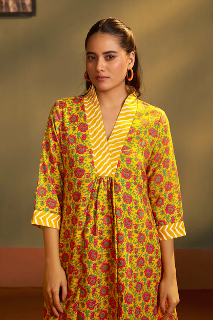 Women’s Yellow Cotton Blend Printed Straight Kurta with Printed Pant & Chanderi Printed Dupatta