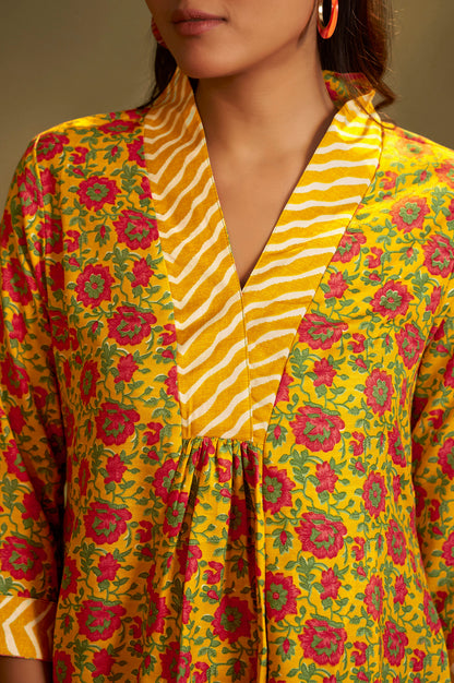 Women’s Yellow Cotton Blend Printed Straight Kurta with Printed Pant & Chanderi Printed Dupatta