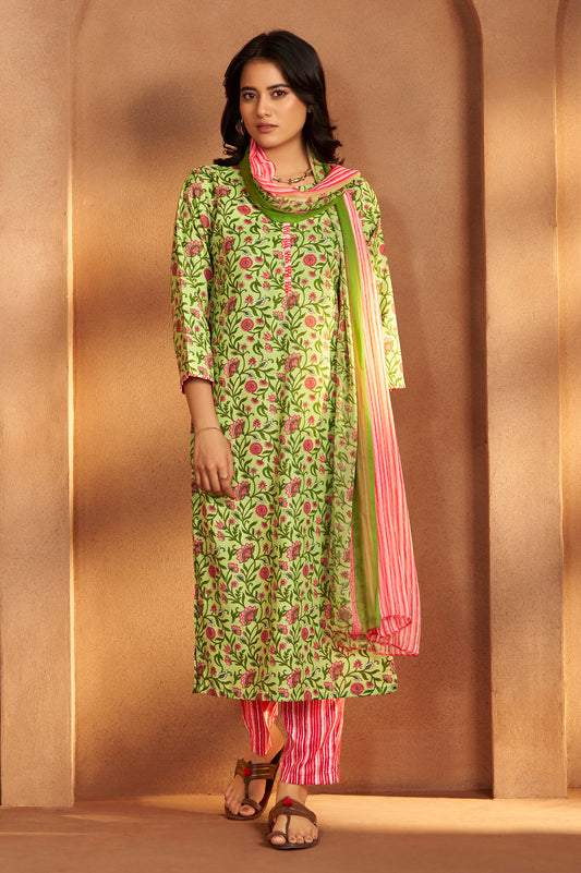 Women’s Pista Green Cotton Blend Printed Straight Kurta with Printed Pant & Chanderi Printed Dupatta