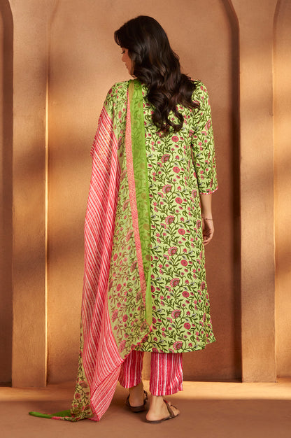 Women’s Pista Green Cotton Blend Printed Straight Kurta with Printed Pant & Chanderi Printed Dupatta