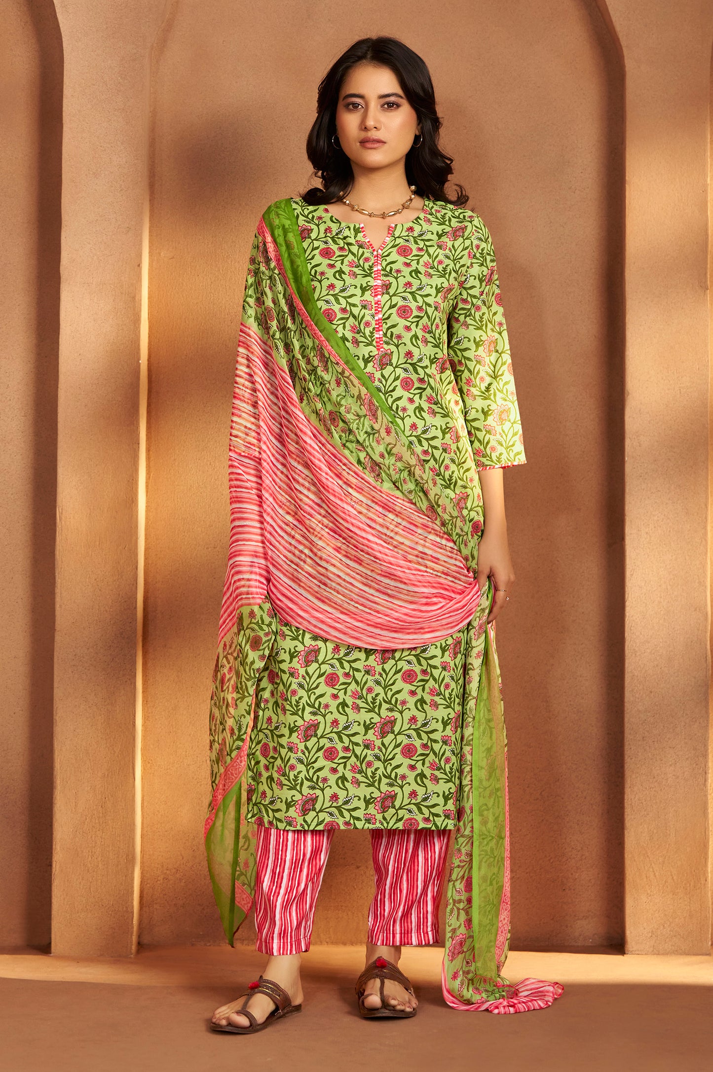 Women’s Pista Green Cotton Blend Printed Straight Kurta with Printed Pant & Chanderi Printed Dupatta