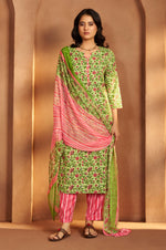 Women’s Pista Green Cotton Blend Printed Straight Kurta with Printed Pant & Chanderi Printed Dupatta