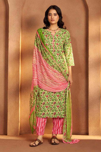Women’s Pista Green Cotton Blend Printed Straight Kurta with Printed Pant & Chanderi Printed Dupatta