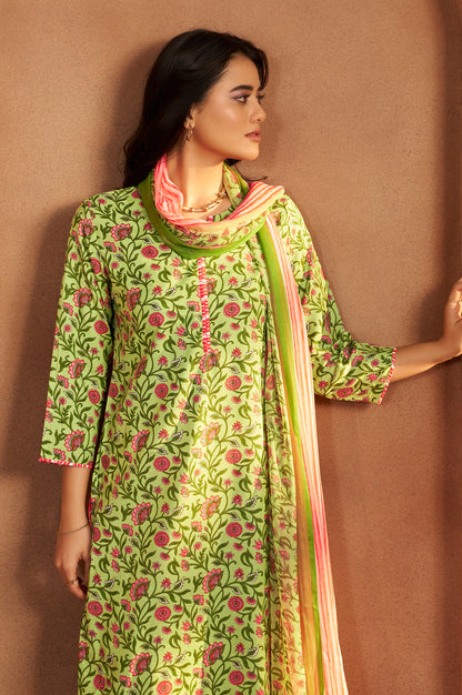 Women’s Pista Green Cotton Blend Printed Straight Kurta with Printed Pant & Chanderi Printed Dupatta