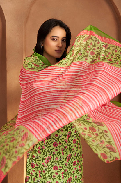 Women’s Pista Green Cotton Blend Printed Straight Kurta with Printed Pant & Chanderi Printed Dupatta