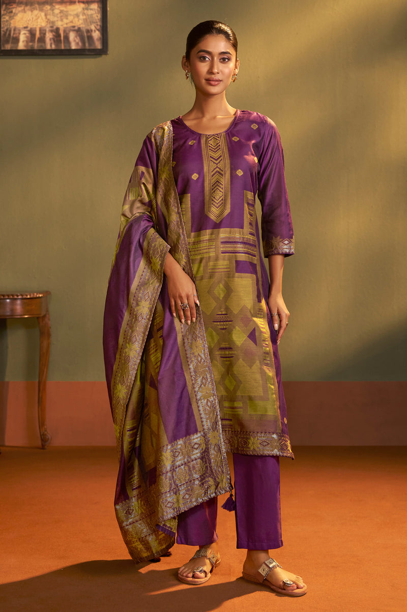 Wine Jacquard Art Silk Fla Wine Kurta Set with Cotton Bottom & Silk Blend Dupatta