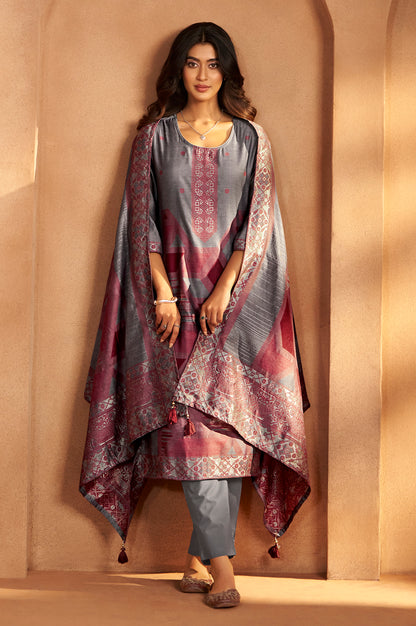 Grey Jacquard Art Silk Fla Grey Kurta Set with Cotton Bottom & Silk Blend Dupatta