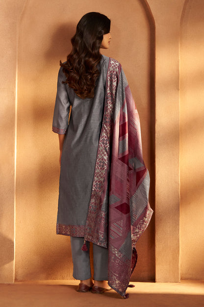 Grey Jacquard Art Silk Fla Grey Kurta Set with Cotton Bottom & Silk Blend Dupatta
