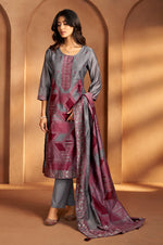 Grey Jacquard Art Silk Fla Grey Kurta Set with Cotton Bottom & Silk Blend Dupatta