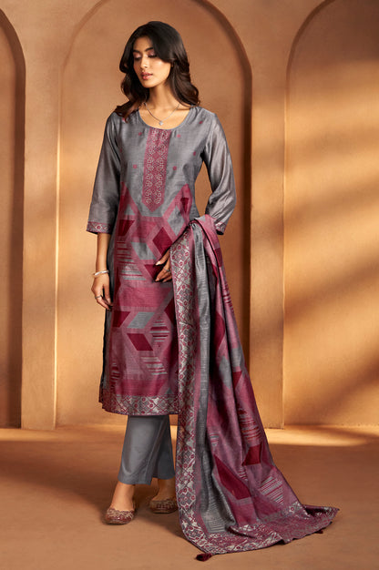 Grey Jacquard Art Silk Fla Grey Kurta Set with Cotton Bottom & Silk Blend Dupatta
