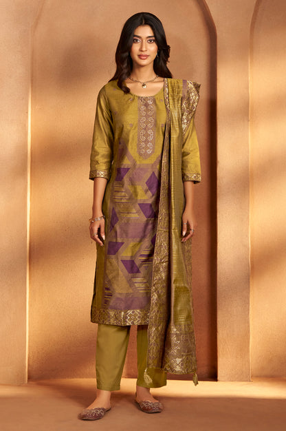 Mustard Jacquard Art Silk Fla Mustard Kurta Set with Cotton Bottom & Silk Blend Dupatta