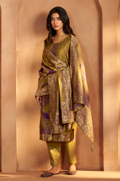 Mustard Jacquard Art Silk Fla Mustard Kurta Set with Cotton Bottom & Silk Blend Dupatta