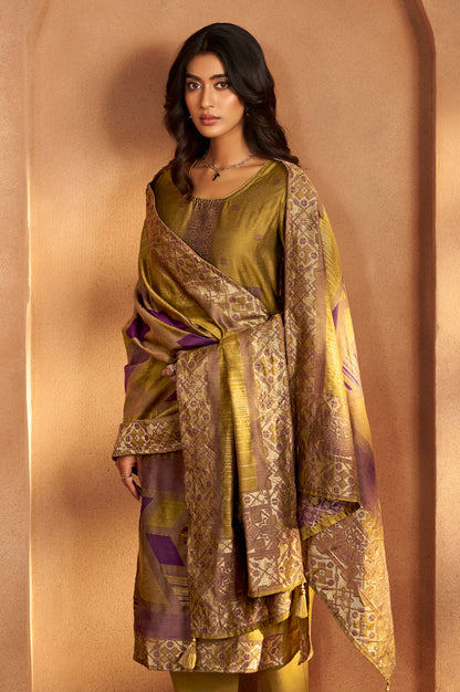 Mustard Jacquard Art Silk Fla Mustard Kurta Set with Cotton Bottom & Silk Blend Dupatta