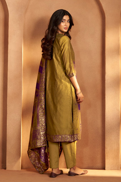 Mustard Jacquard Art Silk Fla Mustard Kurta Set with Cotton Bottom & Silk Blend Dupatta
