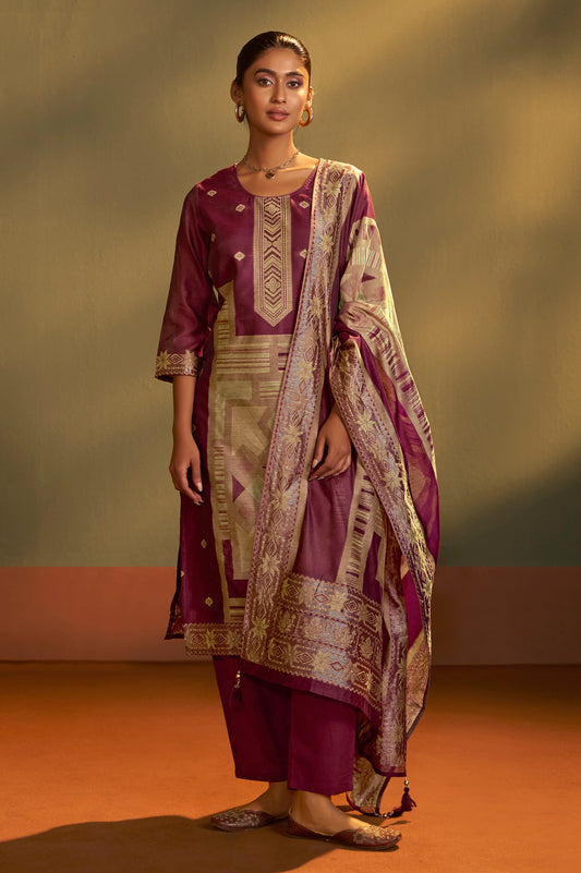 Maroon Jacquard Art Silk Kurta Set with Cotton Bottom & Silk Blend Dupatta