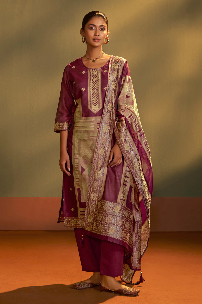 Maroon Jacquard Art Silk Kurta Set with Cotton Bottom & Silk Blend Dupatta