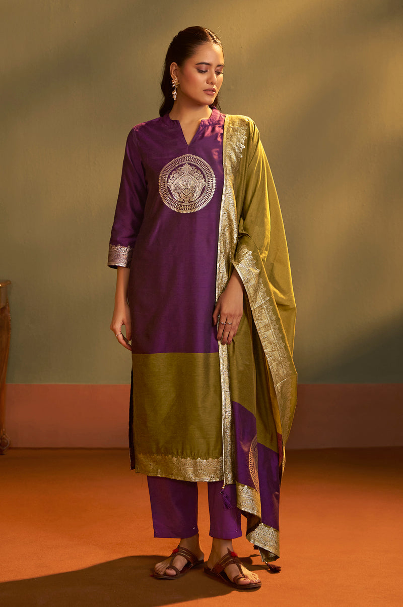 Wine Jacquard Art Silk Kurta Set with Cotton Bottom & Silk Blend Dupatta