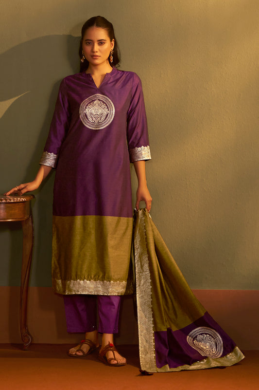 Wine Jacquard Art Silk Kurta Set with Cotton Bottom & Silk Blend Dupatta