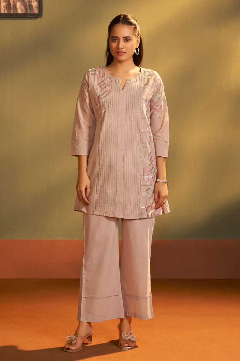 Brown Pure Cotton Embroidered Co-Ord Set For Women