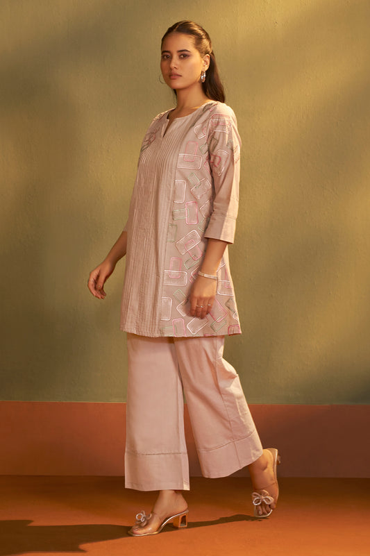 Brown Pure Cotton Embroidered Co-Ord Set For Women