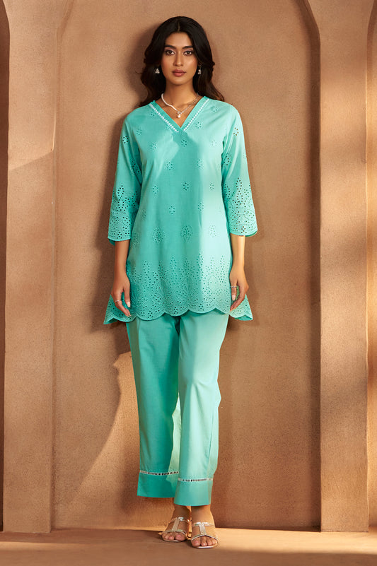 Women’s Pure Cotton Sky Blue Schiffli Co-Ord Set