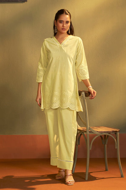 Women’s Pure Cotton Yellow Schiffli Co-Ord Set