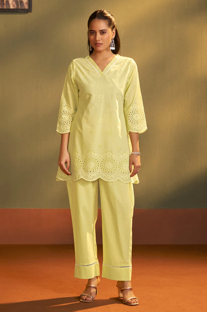 Women’s Pure Cotton Yellow Schiffli Co-Ord Set