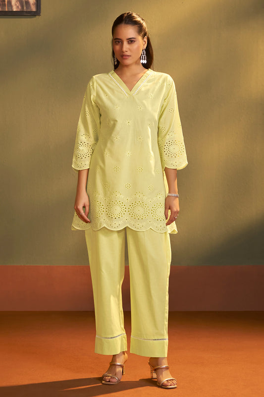 Women’s Pure Cotton Yellow Schiffli Co-Ord Set