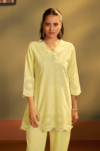 Women’s Pure Cotton Yellow Schiffli Co-Ord Set