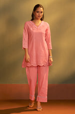 Women’s Pure Cotton Pink Schiffli Co-Ord Set