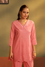 Women’s Pure Cotton Pink Schiffli Co-Ord Set