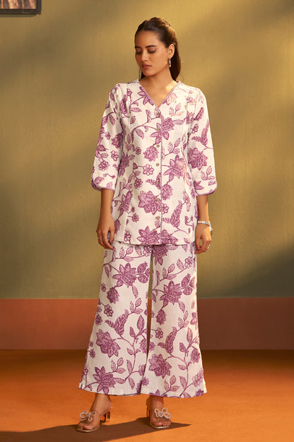 Women’s Cream Cotton Blend Printed Co-Ord Set