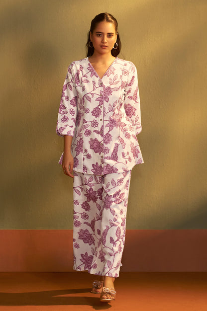 Women’s Cream Cotton Blend Printed Co-Ord Set