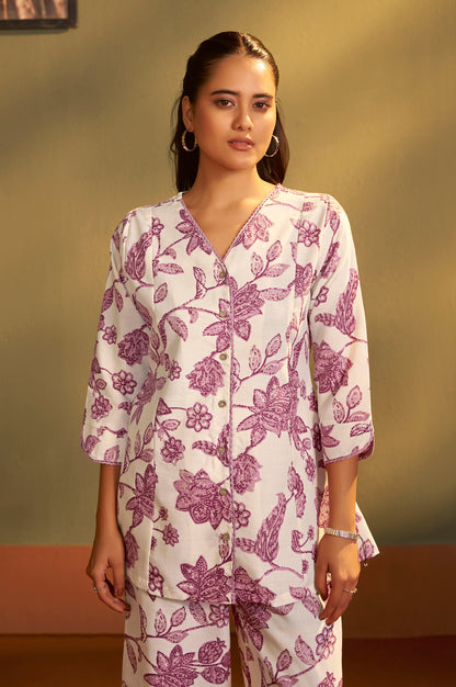 Women’s Cream Cotton Blend Printed Co-Ord Set