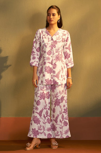 Women’s Cream Cotton Blend Printed Co-Ord Set