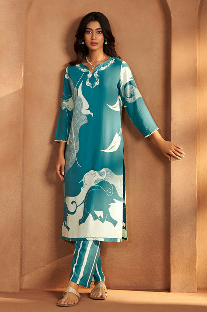 Turquoise Blue Viscose Rayon Printed Straight Co-Ord Set