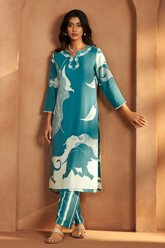Turquoise Blue Viscose Rayon Printed Straight Co-Ord Set