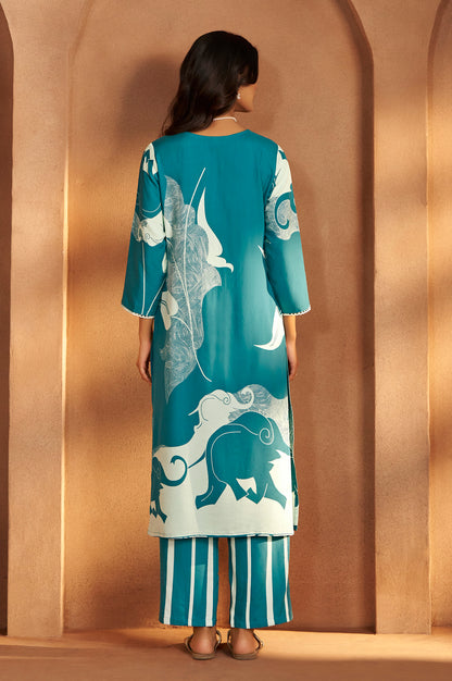 Turquoise Blue Viscose Rayon Printed Straight Co-Ord Set
