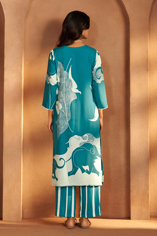 Turquoise Blue Viscose Rayon Printed Straight Co-Ord Set