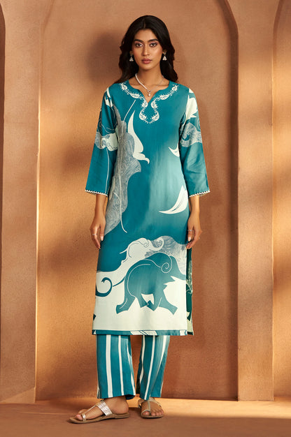 Turquoise Blue Viscose Rayon Printed Straight Co-Ord Set