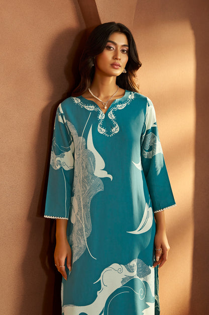 Turquoise Blue Viscose Rayon Printed Straight Co-Ord Set