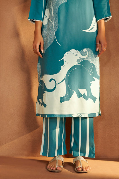 Turquoise Blue Viscose Rayon Printed Straight Co-Ord Set