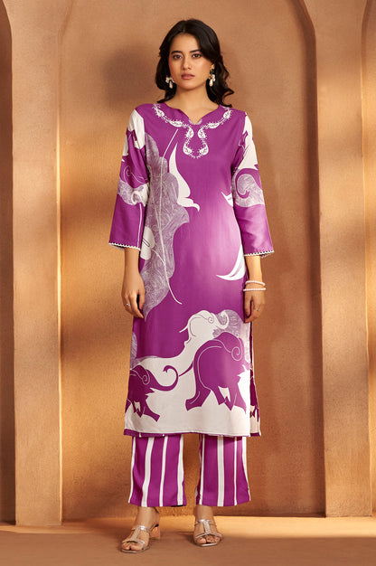 Purple Viscose Rayon Printed Straight Co-Ord Set