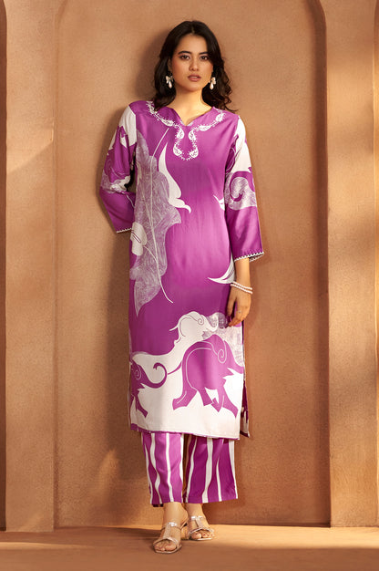 Purple Viscose Rayon Printed Straight Co-Ord Set