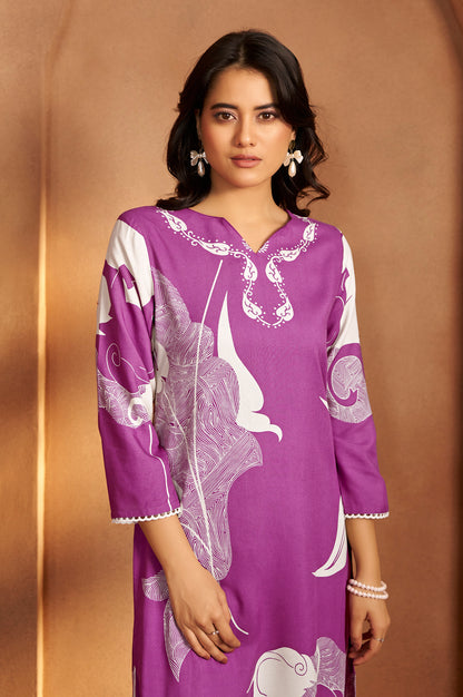 Purple Viscose Rayon Printed Straight Co-Ord Set
