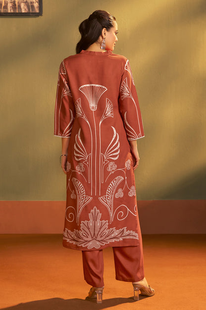 Rust Viscose Rayon Printed Straight Co-Ord Set