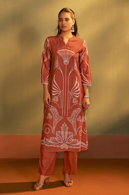 Rust Viscose Rayon Printed Straight Co-Ord Set